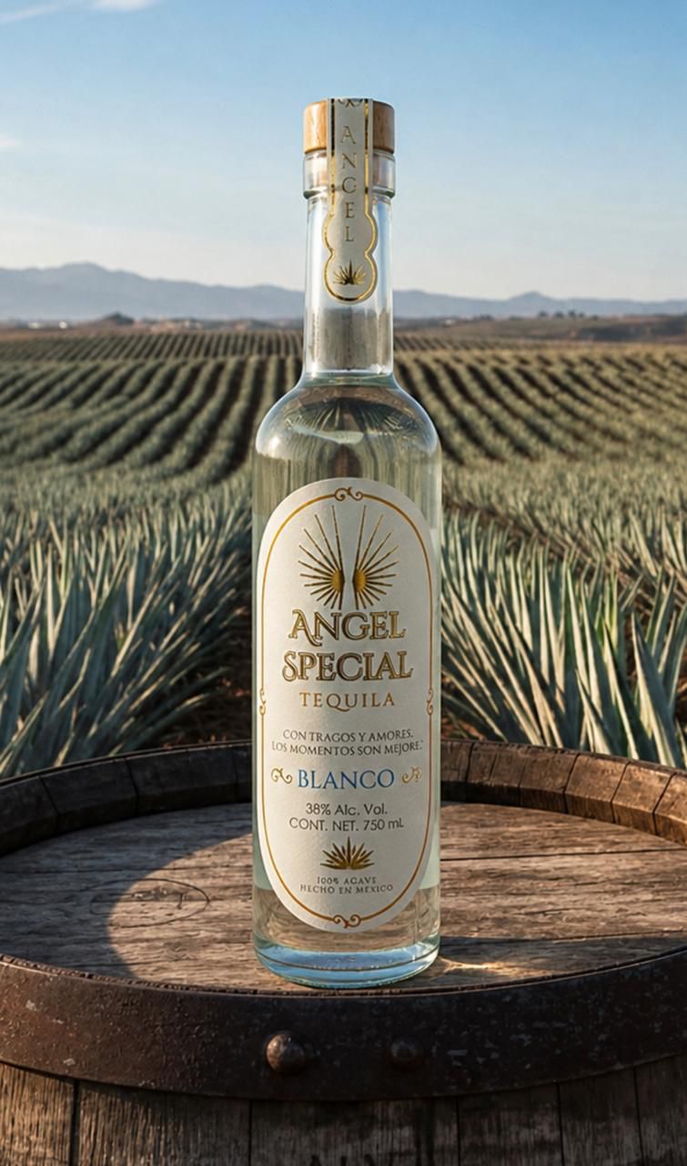 Elegante presentación de Angel Special Tequila reposando junto a las selectas barricas de roble de Arandas